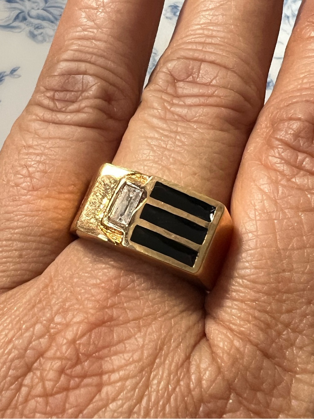 Mens Ring Size 10 Gold Black Stripe CZ Rectangle Signet Band 18K HGE #1029
